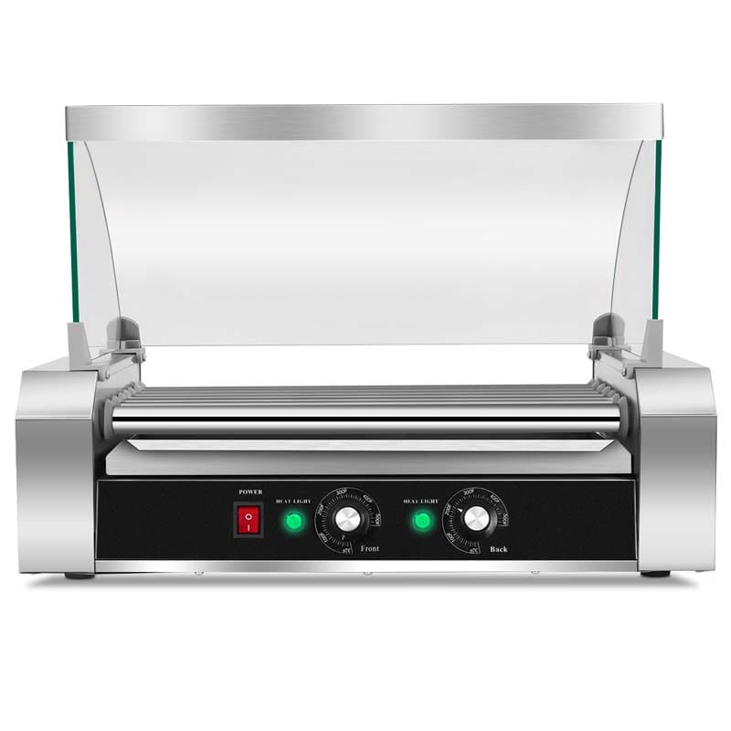 7 Non-Stick Roller 18 Hot Dog Roller Sausage Grill Cooker Machine with Glass Hood Cover, Commercial Household Hot Dog Rotisserie