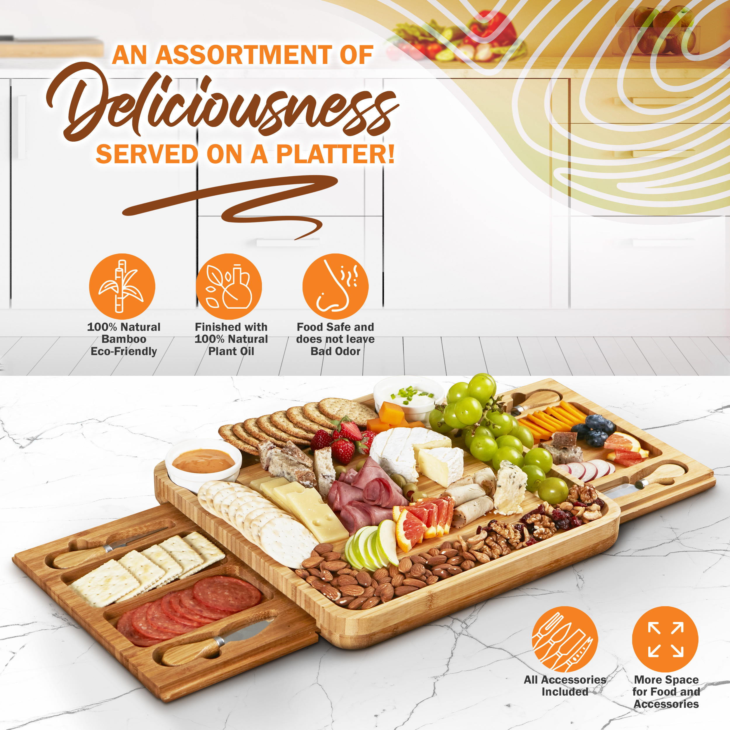 Wine It Now Bamboo Charcuterie Board Set with Slide-Out Drawers and Tools