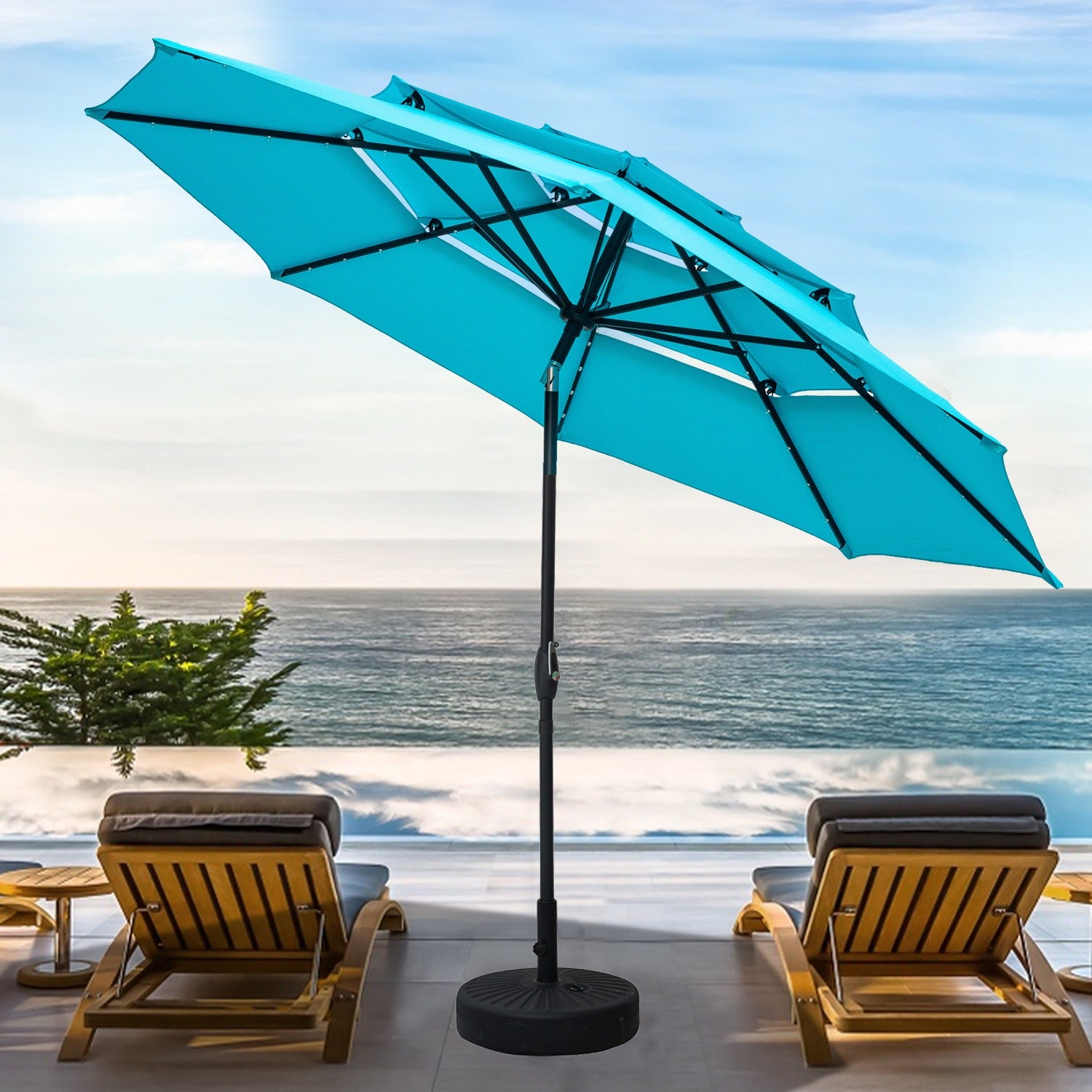 Autlaycil 10Ft 3 Tiers Patio Umbrellas Solar 32 LED Lighted Umbrella with 8 Ribs Patio Table Umbrella, Blue