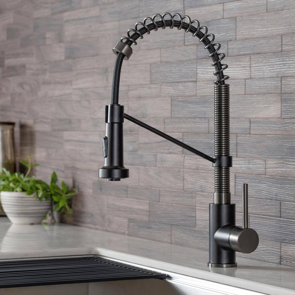 KRAUS Bolden Single-Handle Pull-Down Sprayer Kitchen Faucet with Deck Plate in Matte BlackBlack Stainless KPF-1610MBSB-DP03SB