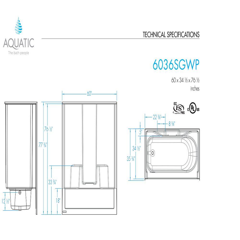 Aquatic Everyday 60 in. x 34.5 in. x 76.5 in. 1-Piece Bath and Shower Kit with Left Drain in White 6036SGL-WHHD