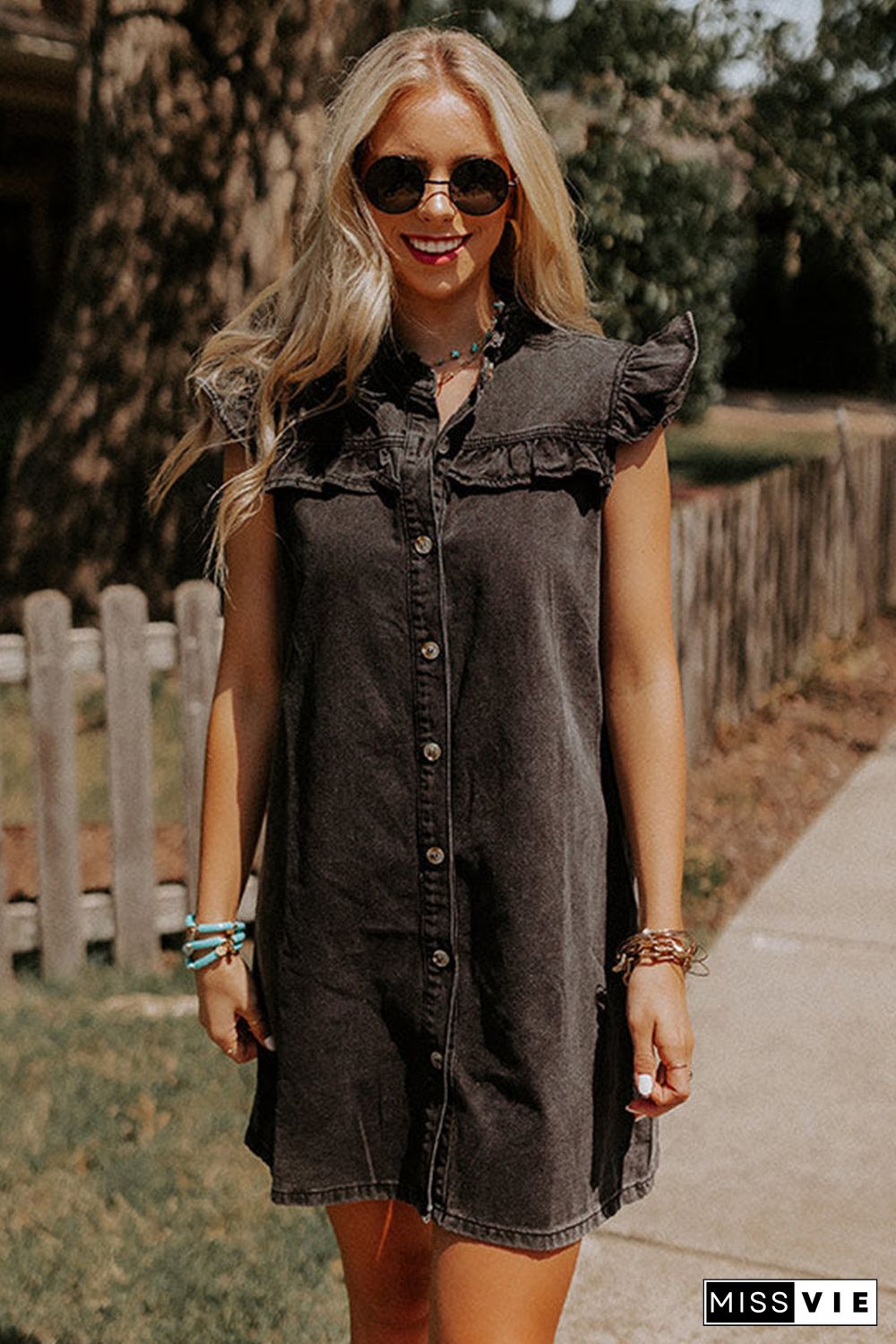 Black Ruffled Cap Sleeves Button Up Denim Dress