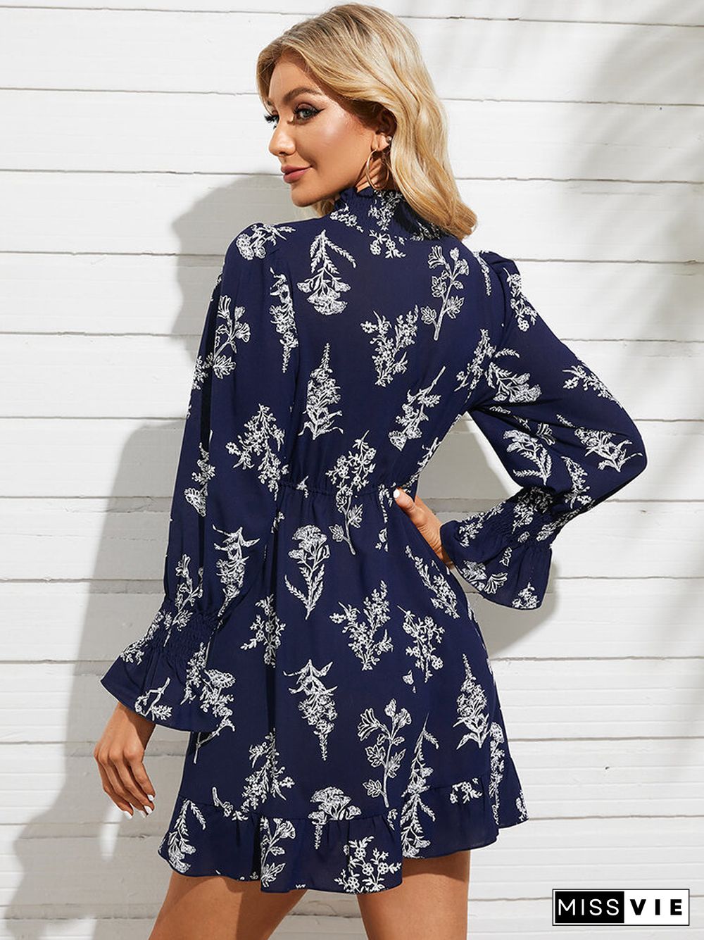 Plants Print Shirred Mock Neck Tie Long Sleeve Dress