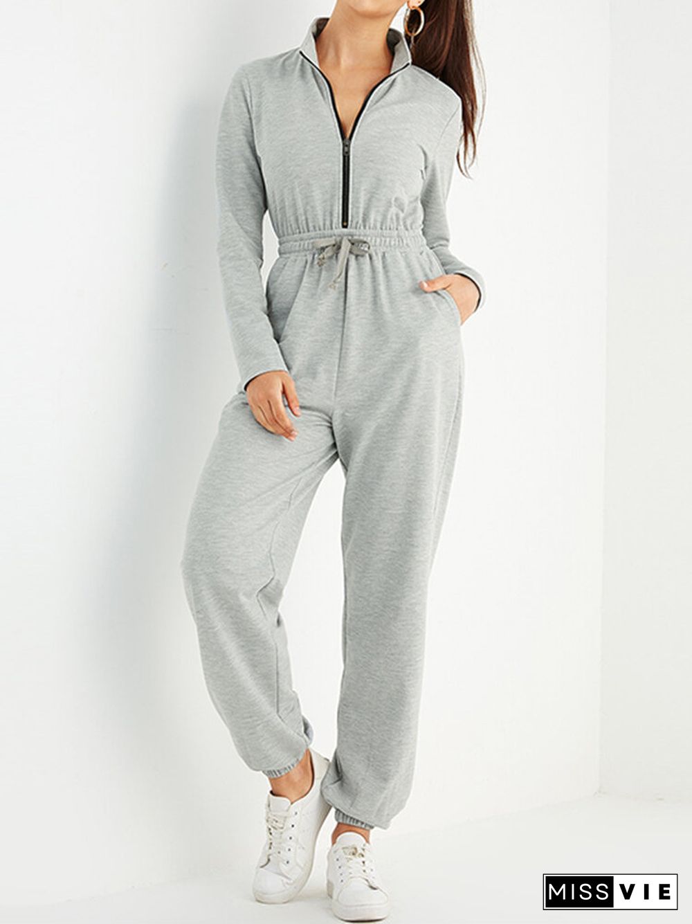 Solid Color Zipper Drawstring Pocket Long Sleeve Casual Jumpsuit for Women