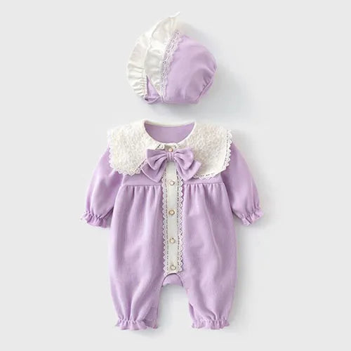 Autumn Spring Lovely Princess Style Infant Baby Girls Long Sleeve Jumpsuit+Hat Baby Girl Clothing Toddler Baby Girl Romper