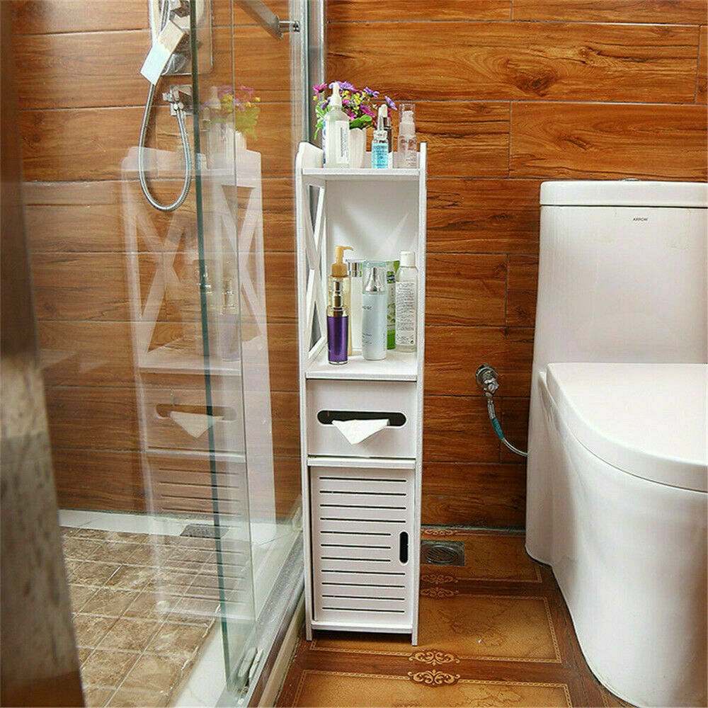 Wooden Bathroom Storage Cabinet -Cupboard with Shelves and Drawer -Free Standing Slim Design