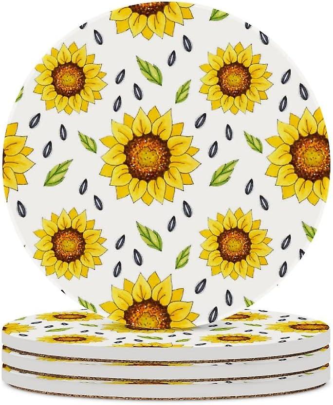 6pcs Round Bright Sunflowers And Seeds Ceramic Coasters With Cork-backed For Coffee Drink Cup Mat Absorbent Stone Coasters