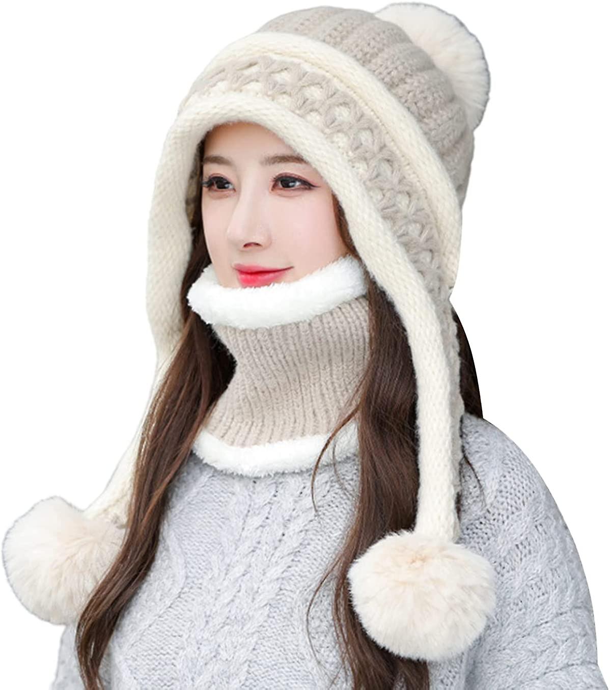 Women Winter Beanie Hat Peruvian Circle Scarf Set Ski Ear Flaps Caps Dual Layered Fleece Lined Pompoms Z15022-mise -