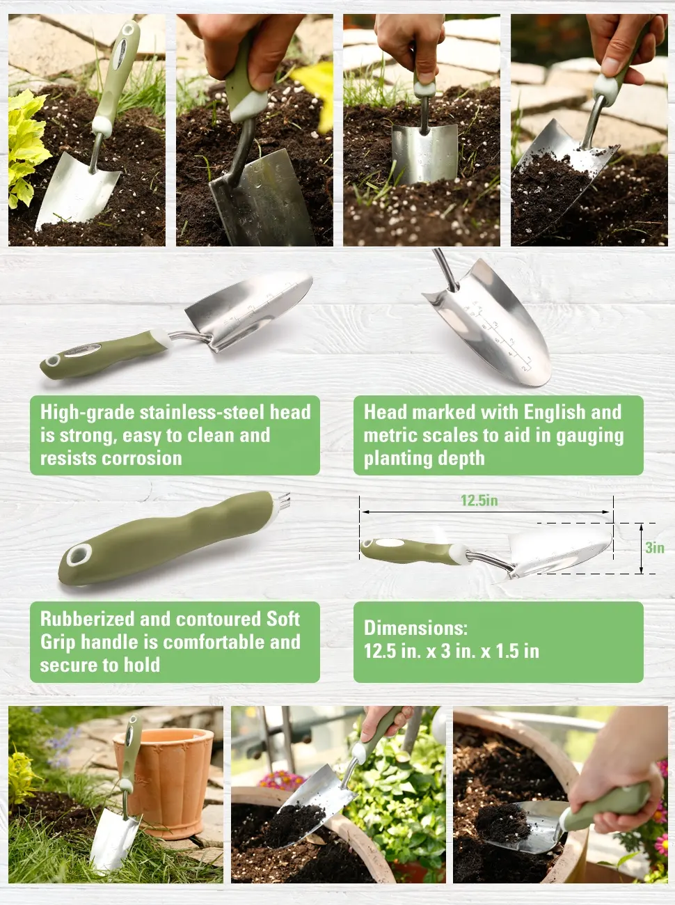 High Quality PP TPR Soft Ergonomic Handle Stainless Steel Trowel Garden Hand Tool