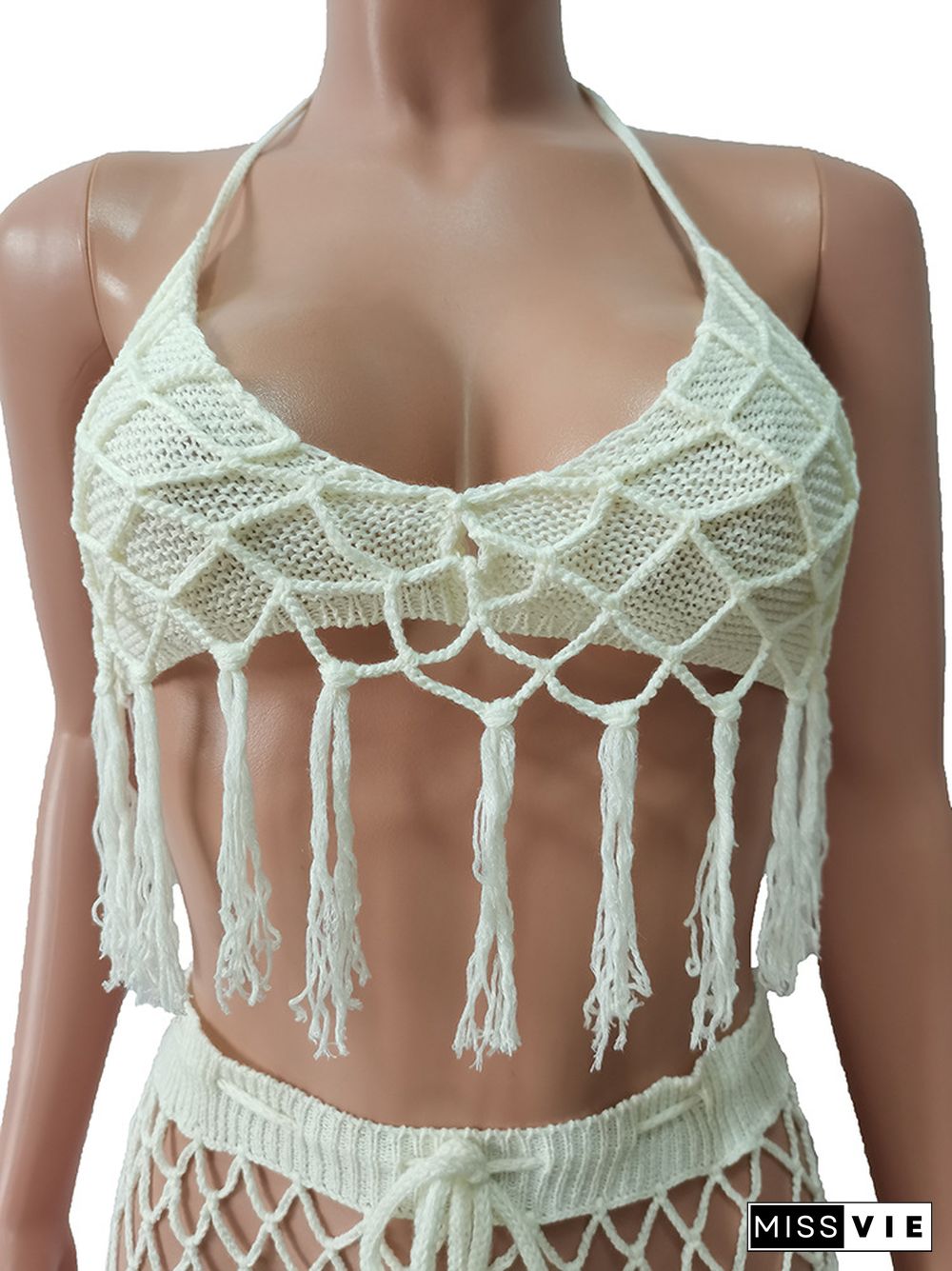 Knit Crochet Halter Bra Hollow Out Pants 2 Piece Set