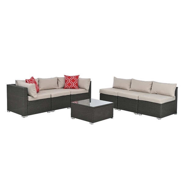 7Pcs Outdoor Sectional Furniture Set，AllWeather PE Rattan Sectional Sofa Conversation Set w/ Coffee Table and Washable Cushions