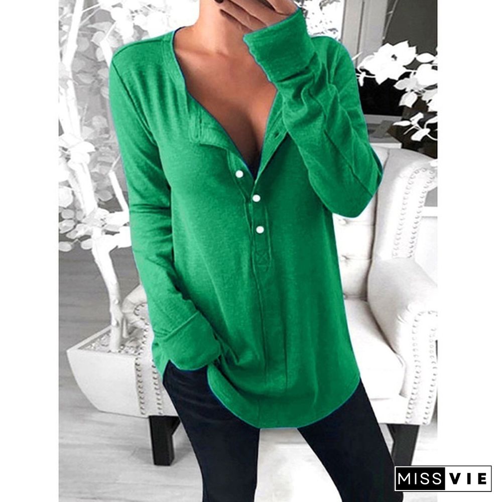 XS-8XL Plus Size Fashion Clothes Women's Casual Autumn and Winter Tops Long Sleeve Tee Shirts Cotton Pullover Sweatshirts Deep V-neck Shirts Ladies Blouses Solid Color Button Up Loose T-shirts