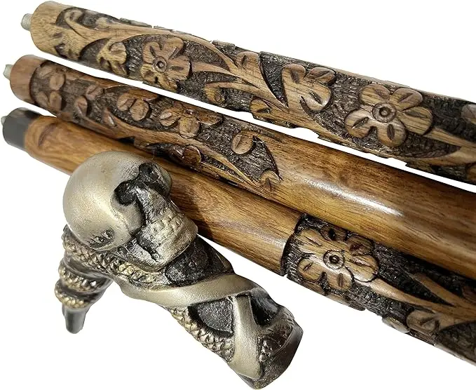 Antique Decorative Unique Skull Handle Brown Natural Wood Cane  for Men   Women  Aluminium Head Unisex Luxury Walking Cane