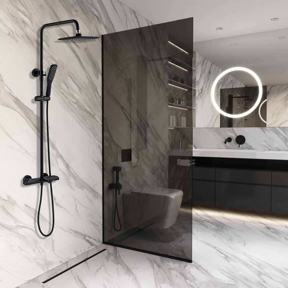 Flynama Modern Wall Bar Shower Kit 1-Spray 10 in. Square Rain Shower Head with Hand Shower in Matt Black (Valve Included) RB-RWST81001MB