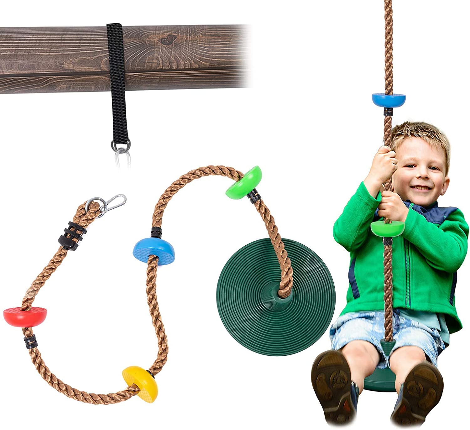 Bibana 6.5 ft Kids Climbing Rope Tree Swing Seat Set with Platforms and Disc Outdoor Swing Seat Including Hanging Strap and Locking Carabiner