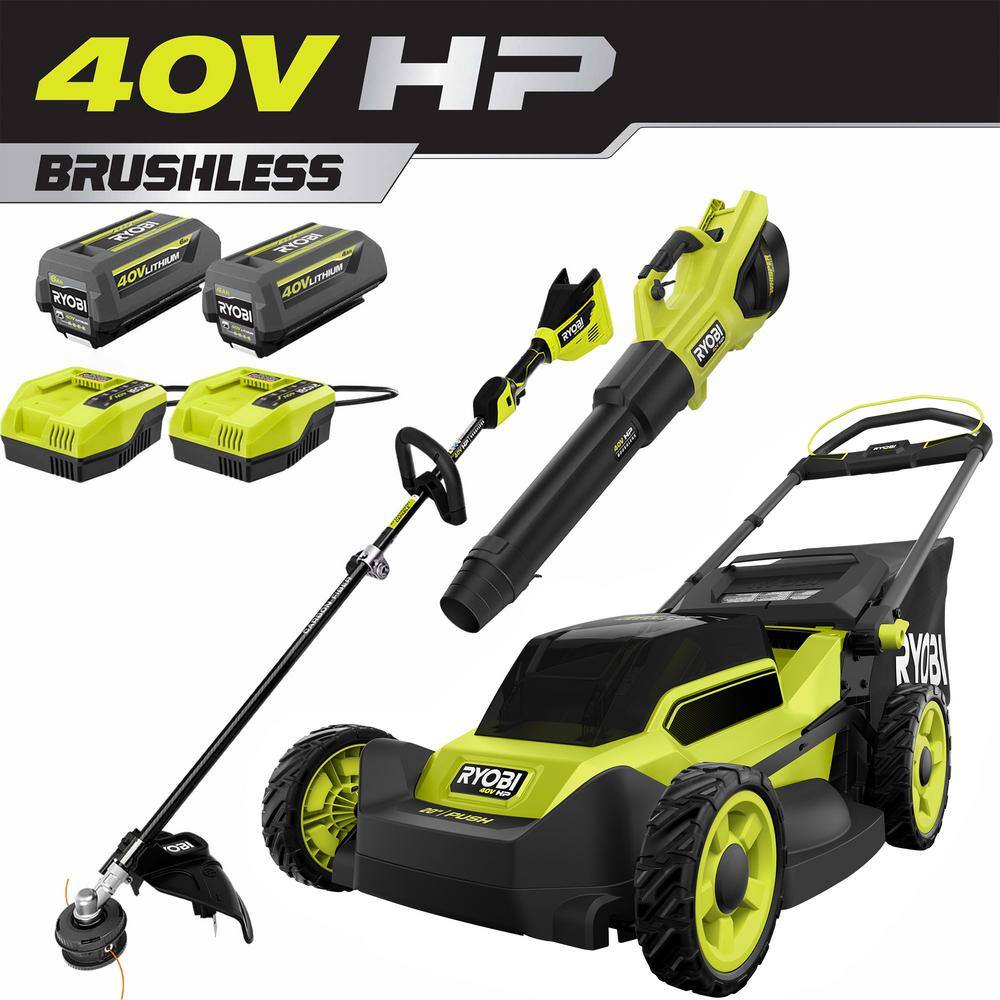 RYOBI 40V HP Brushless 20 in. Cordless Battery Walk Behind Push Mower String Trimmer  Blower - Batteries and Chargers RY401170-3X