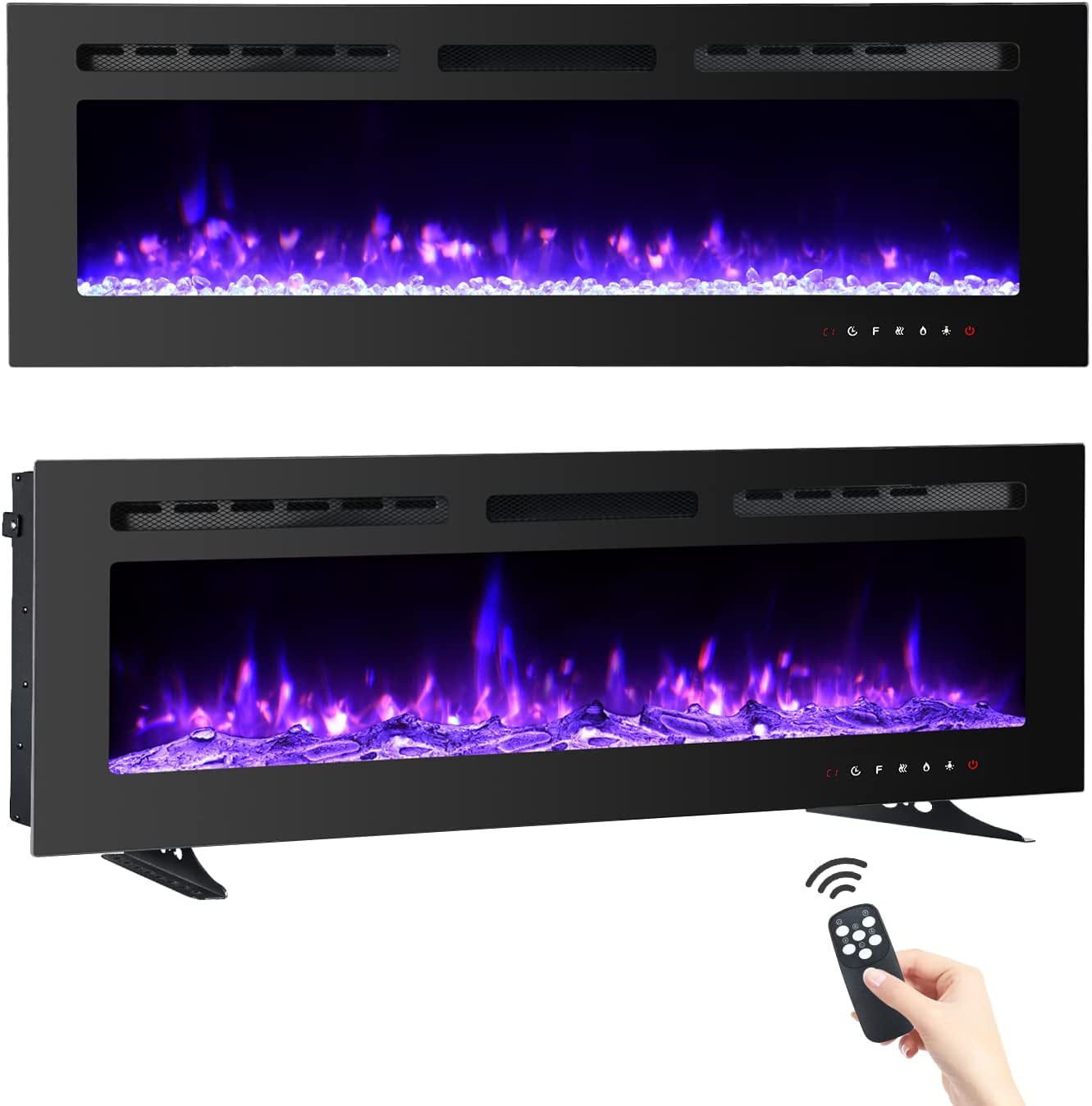 Yoleny 50 inch Electric Fireplace with Free Standing,Wall Mounted Fireplace Insert Heater with Touch Screen Control Panel ,Recessed Electric Fireplace,12 Color LED Flamer, 750/1500W