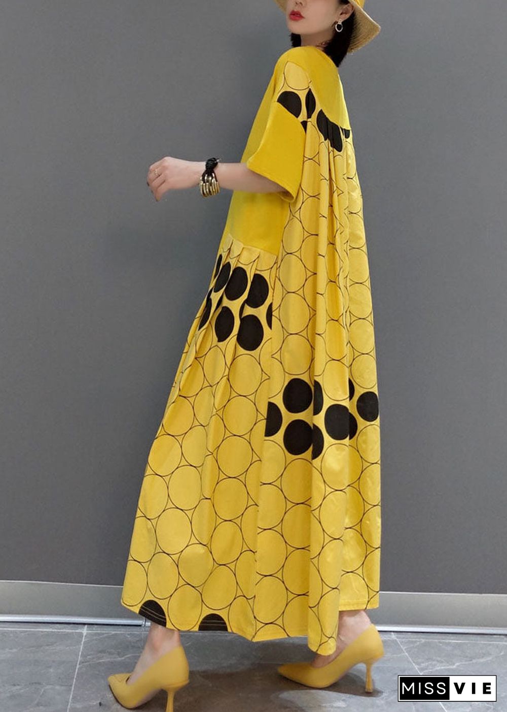 Italian Yellow O-Neck wrinkled Patchwork Maxi Dresses Spring