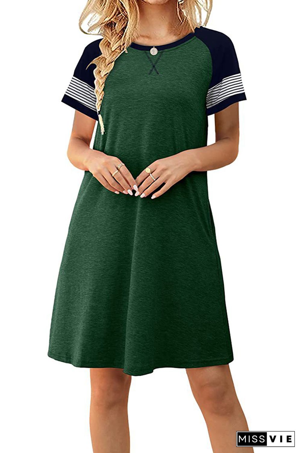 Striped Short Sleeve Splicing O-neck T-shirt Dress Wholesale