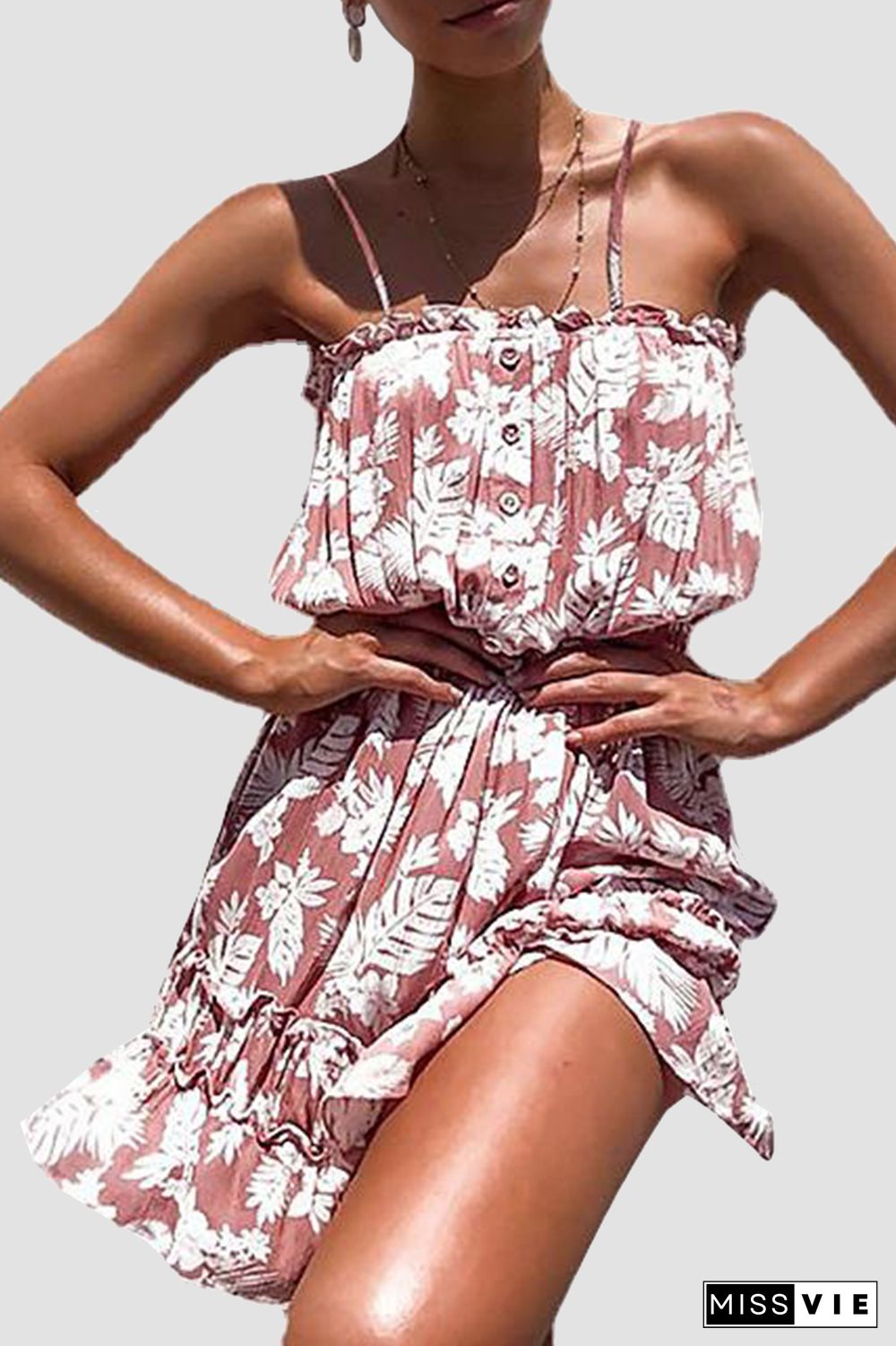 Casual Floral Buckle Flounce Spaghetti Strap Waist Skirt Dresses