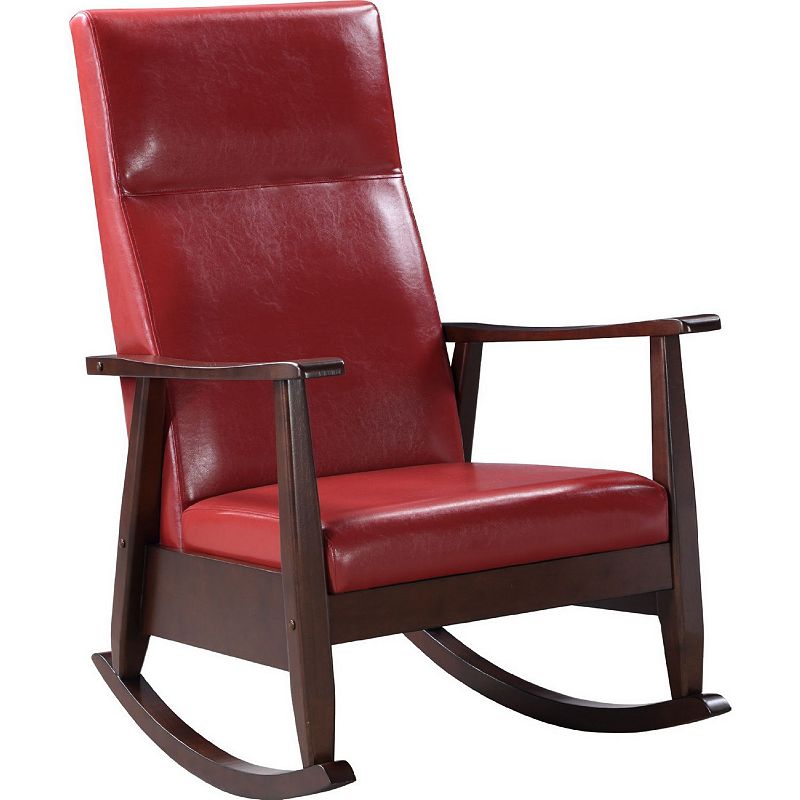 Rocking Chair with Leatherette Seating and Wooden Frame， Red