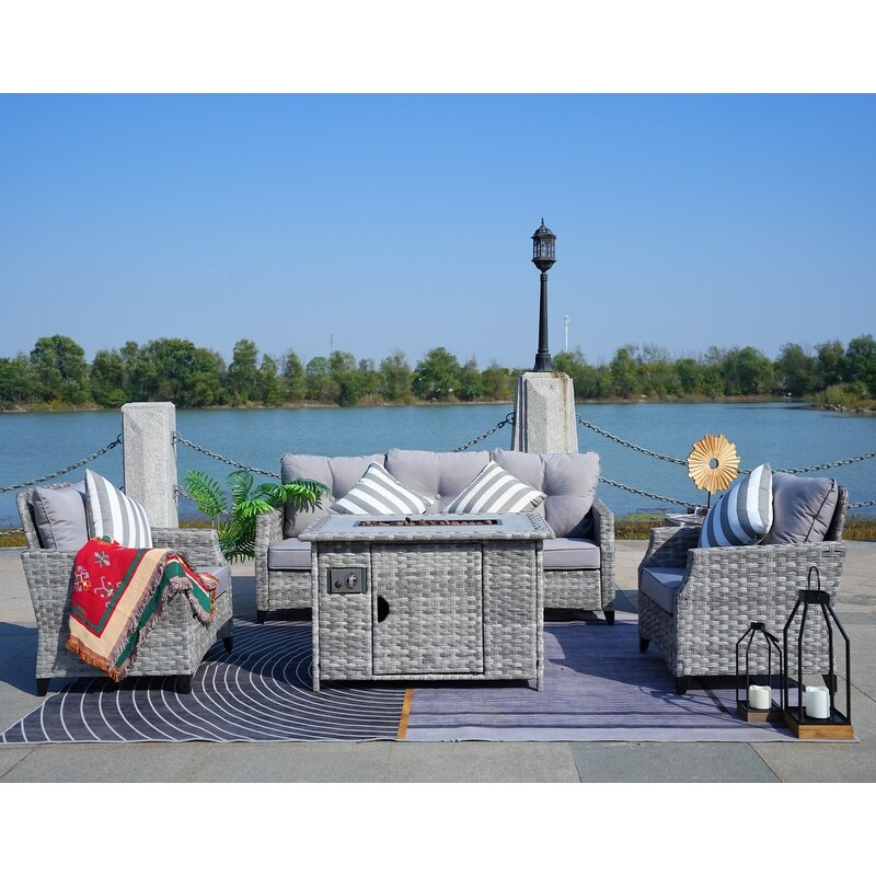 Braylee 5 piece Cushioned Patio Porch Sectional Set with Fire Pit and Rain cover