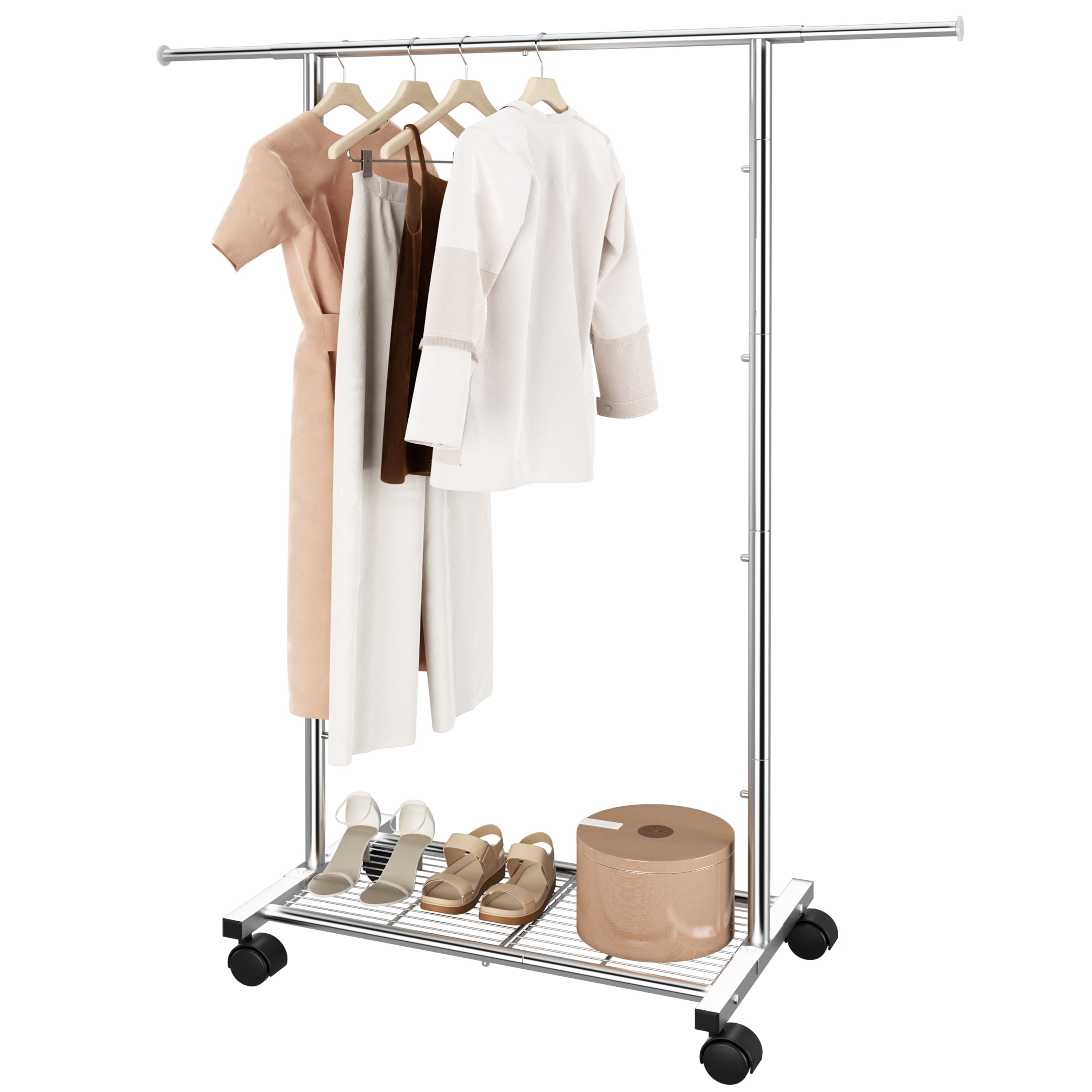 Simple Trending Clothing Garment Rack with Wheels and Bottom Shelves, Extendable, Chrome