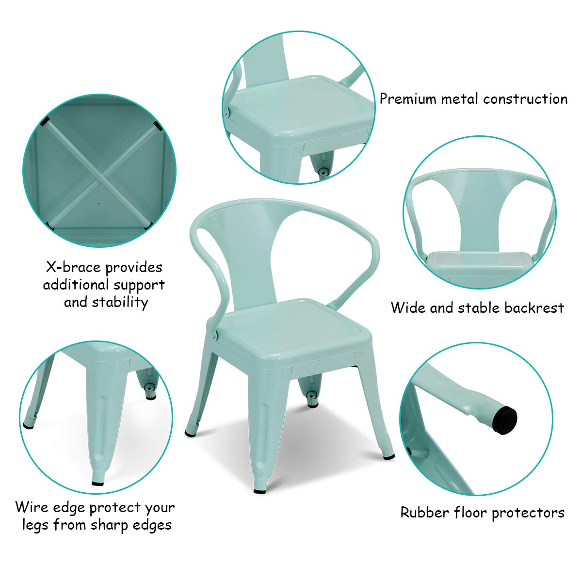 Kids Table and 2 Chair Set for Indoor/Outdoor Use, Steel Table and Stackable Chairs (Mint Green, Table & Chairs)