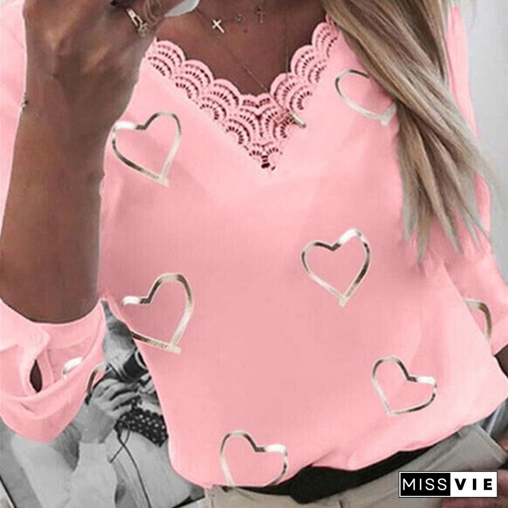 Fashion Women Spring Print V-neck Lace Long-sleeved Bottoming T-shirt