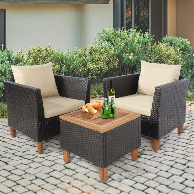 Tangkula 3 Pieces Outdoor Rattan Furniture Set Wicker Bistro Set Wooden Table Top With Cushions