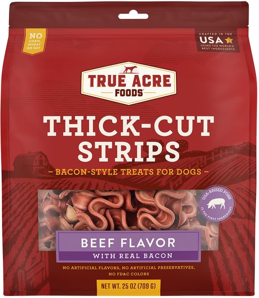 True Acre Foods Thick Cut Strips with Real Bacon and Beef Dog Treats， 25-oz bag