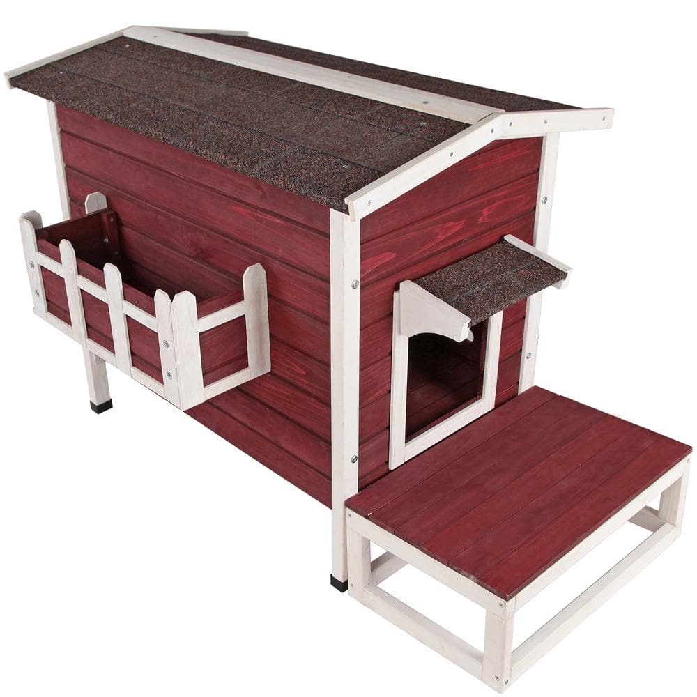 Red Solid Wood Cat House Larger Design for 3 Adult Outdoor Cats Weatherproof CATTHHHHOUS-2