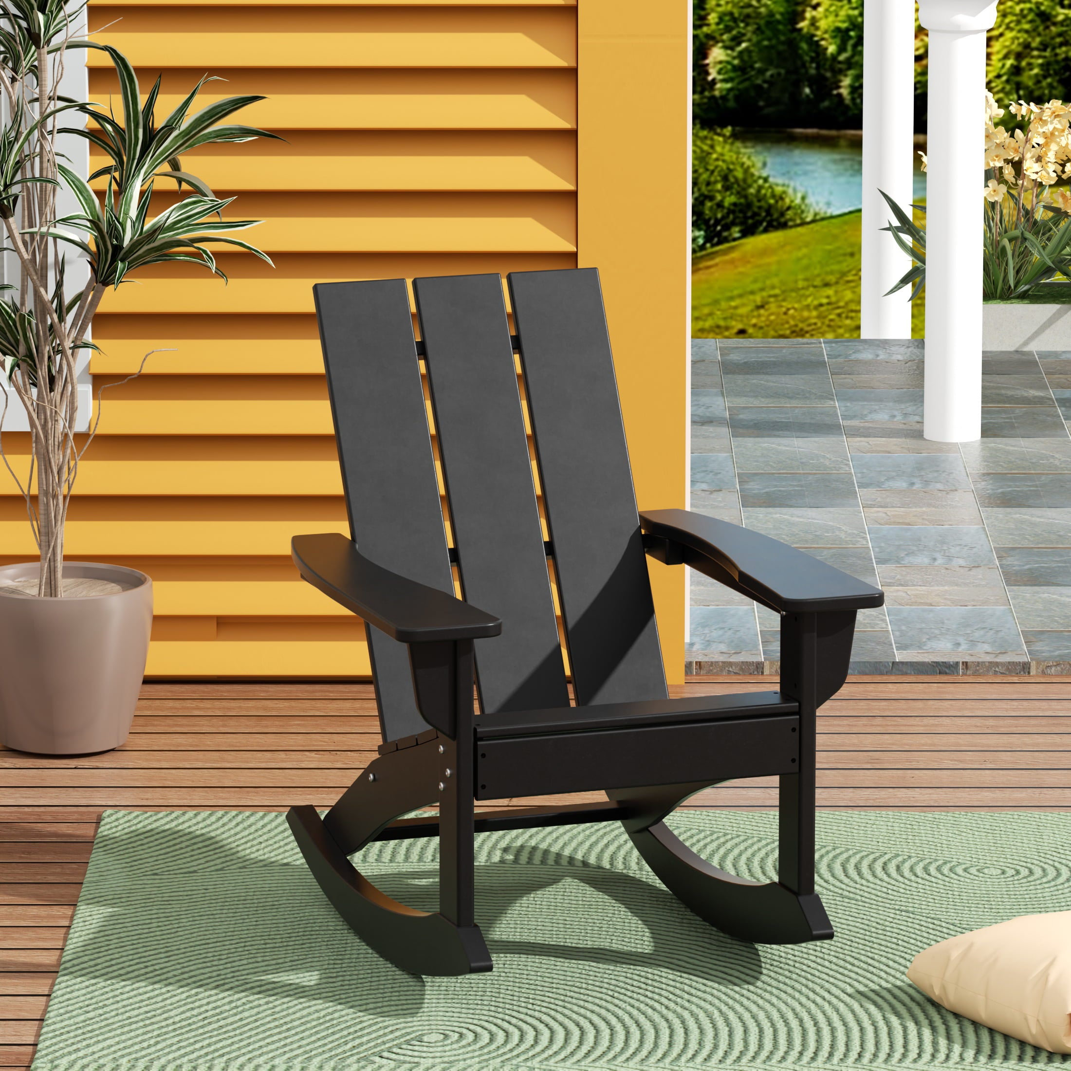 WestinTrends Ashore Patio Rocking Chair, All Weather Poly Lumber Plank Adirondack Rocker Chair, Modern Farmhouse Black Rocking Chairs for Porch Garden Backyard and Indoor