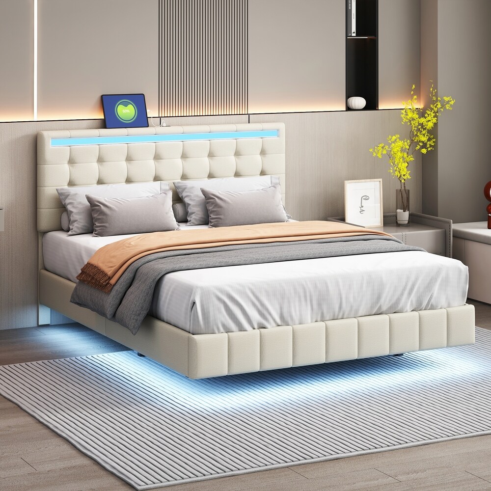 Floating Bed Frame with LED Lights and USB Charging Modern Upholstered Platform LED Bed Frame