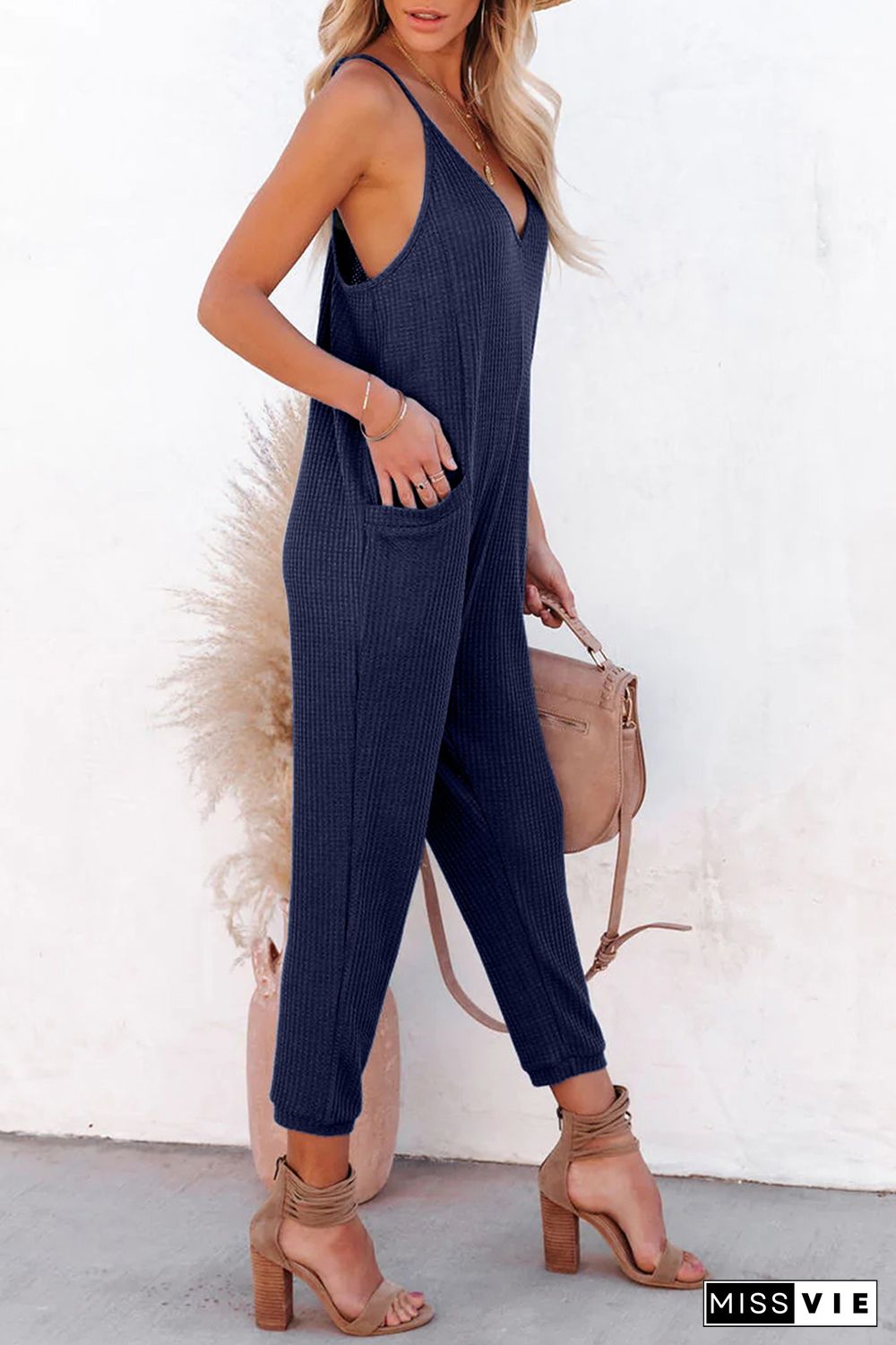 Blue Textured Sleeveless V-Neck Pocketed Casual Jumpsuit