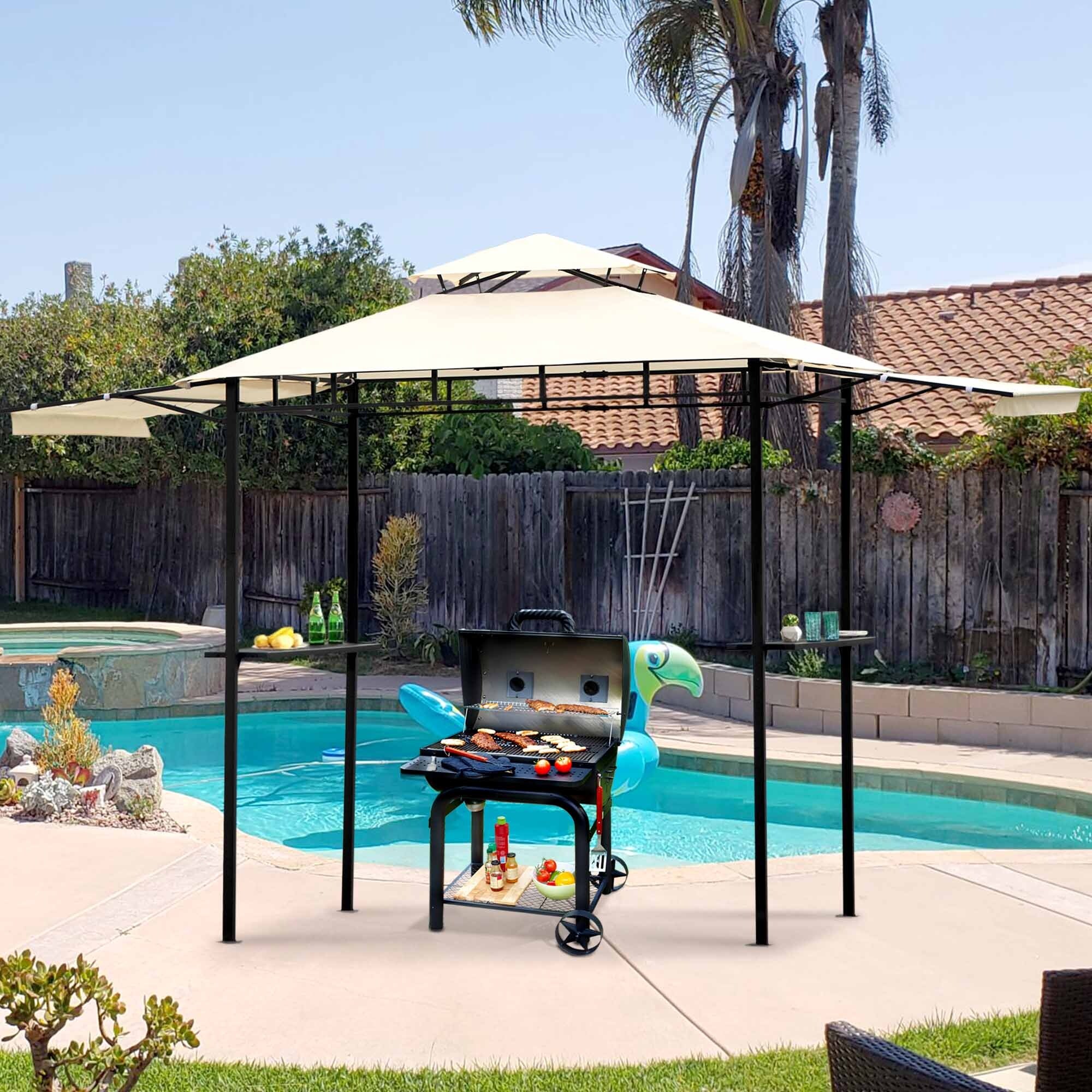 12Ft.Lx4.3Ft.W Steel Double Tiered Backyard Patio BBQ Grill Gazebo with Bar Counters