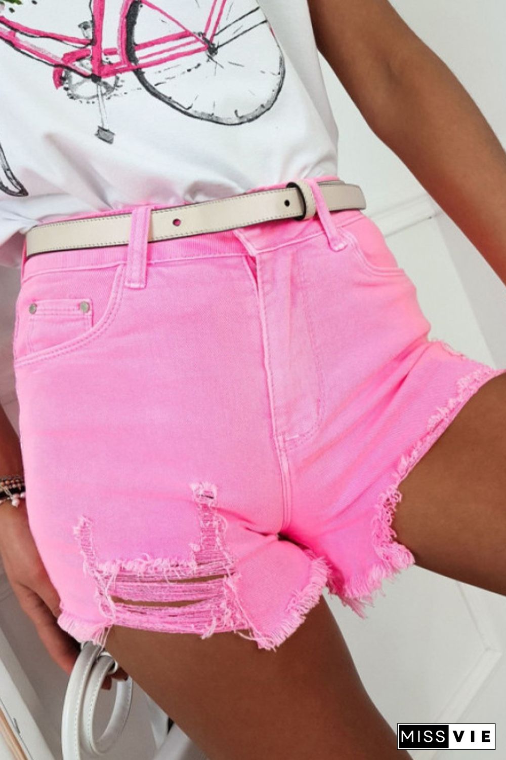 Rose Solid Color Distressed Denim Shorts