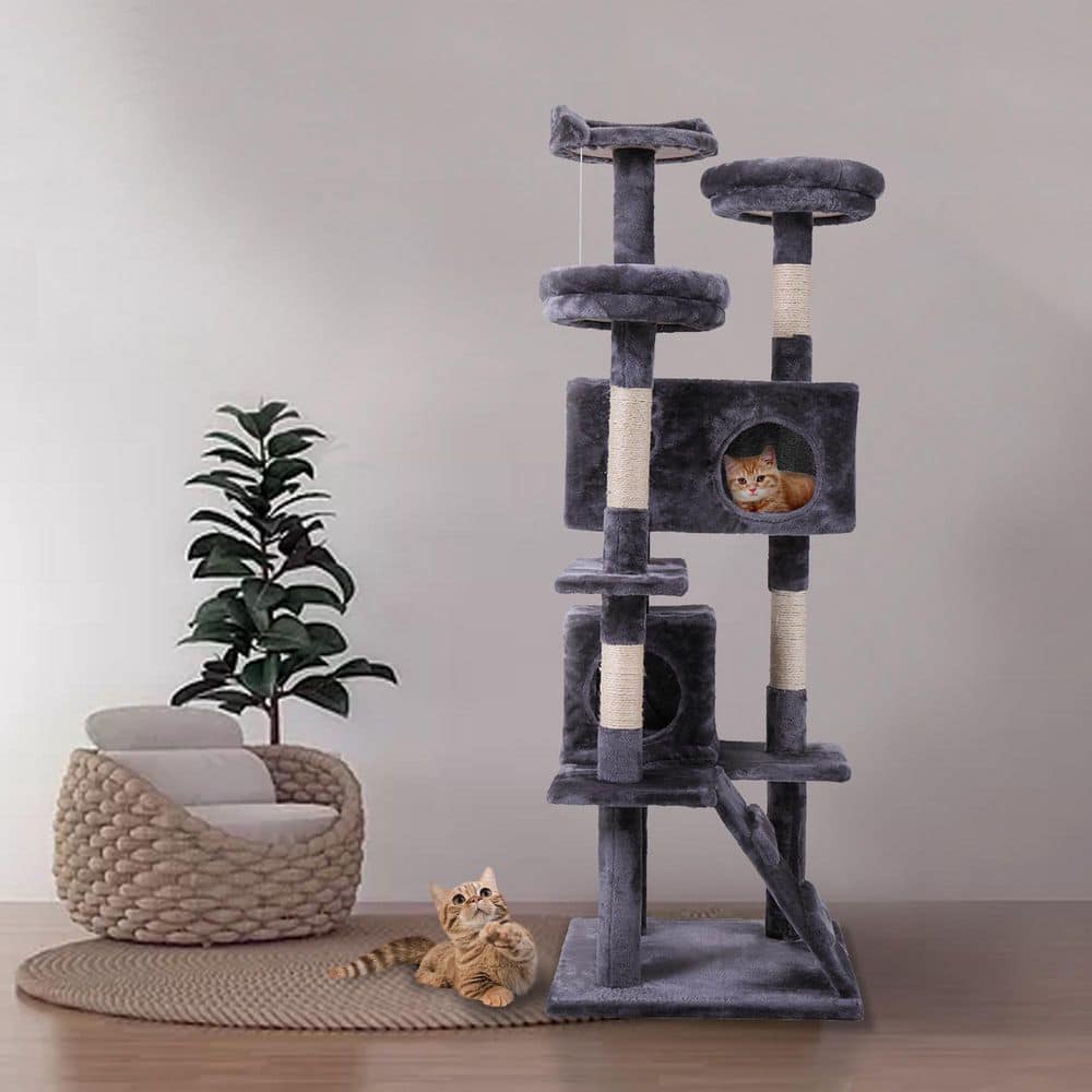 Cat Tree Cat Tower with Scratching Ball, Plush Cushion, Ladder and Condos for Indoor Cats, Gray H-D0102HE437A