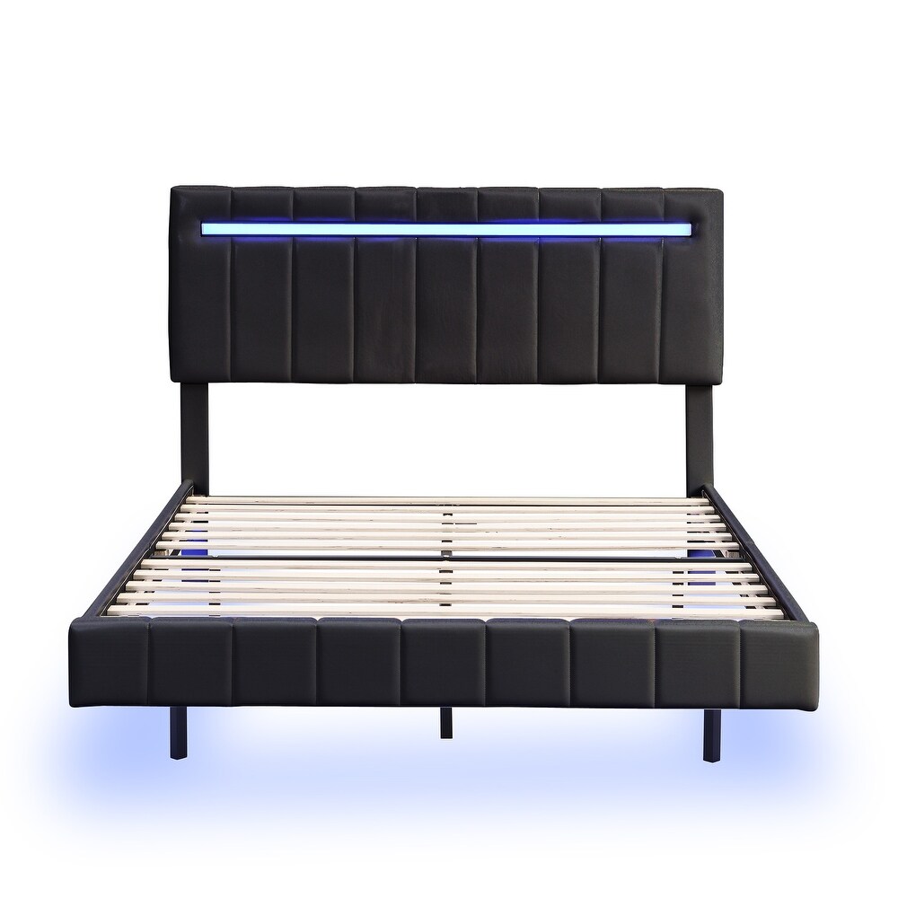 Floating Bed Frame with LED Lights and USB Charging Modern Upholstered Platform LED Bed Frame