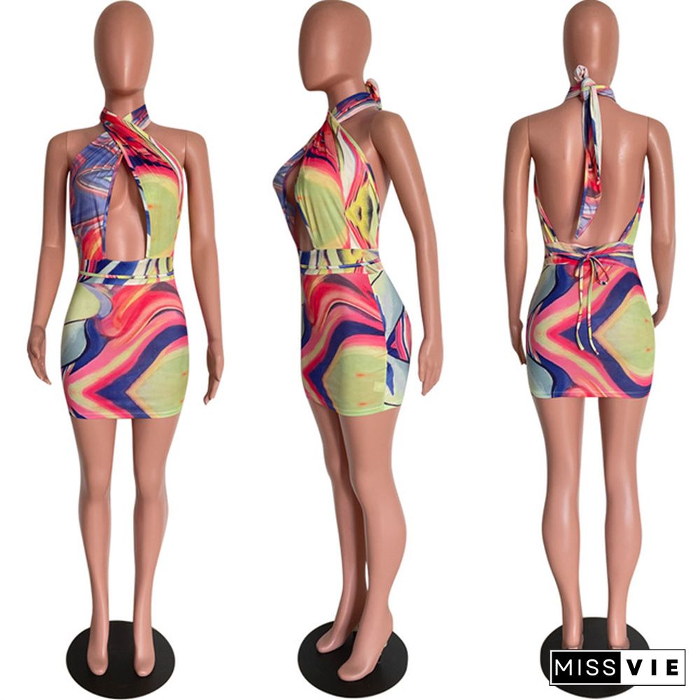 Summer Sexy Hollow Out Halter Sleeveless Tie Dye Print Backless Woman Party Bodycon Mini Dress