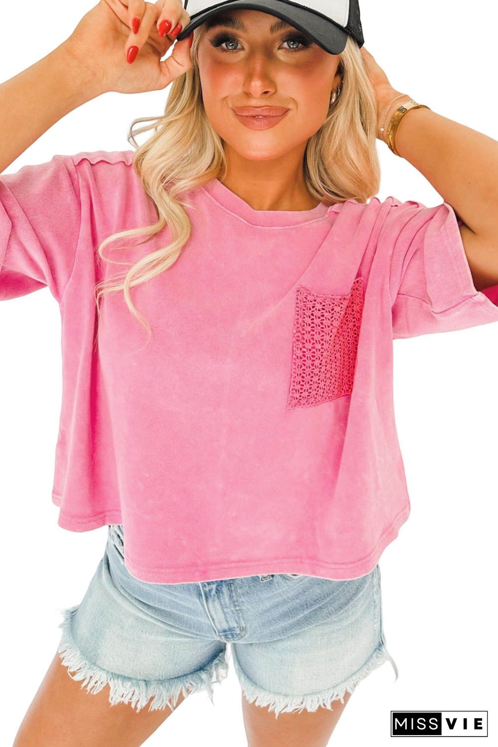 Pink Acid Wash Lace Patch Pocket T-Shirt