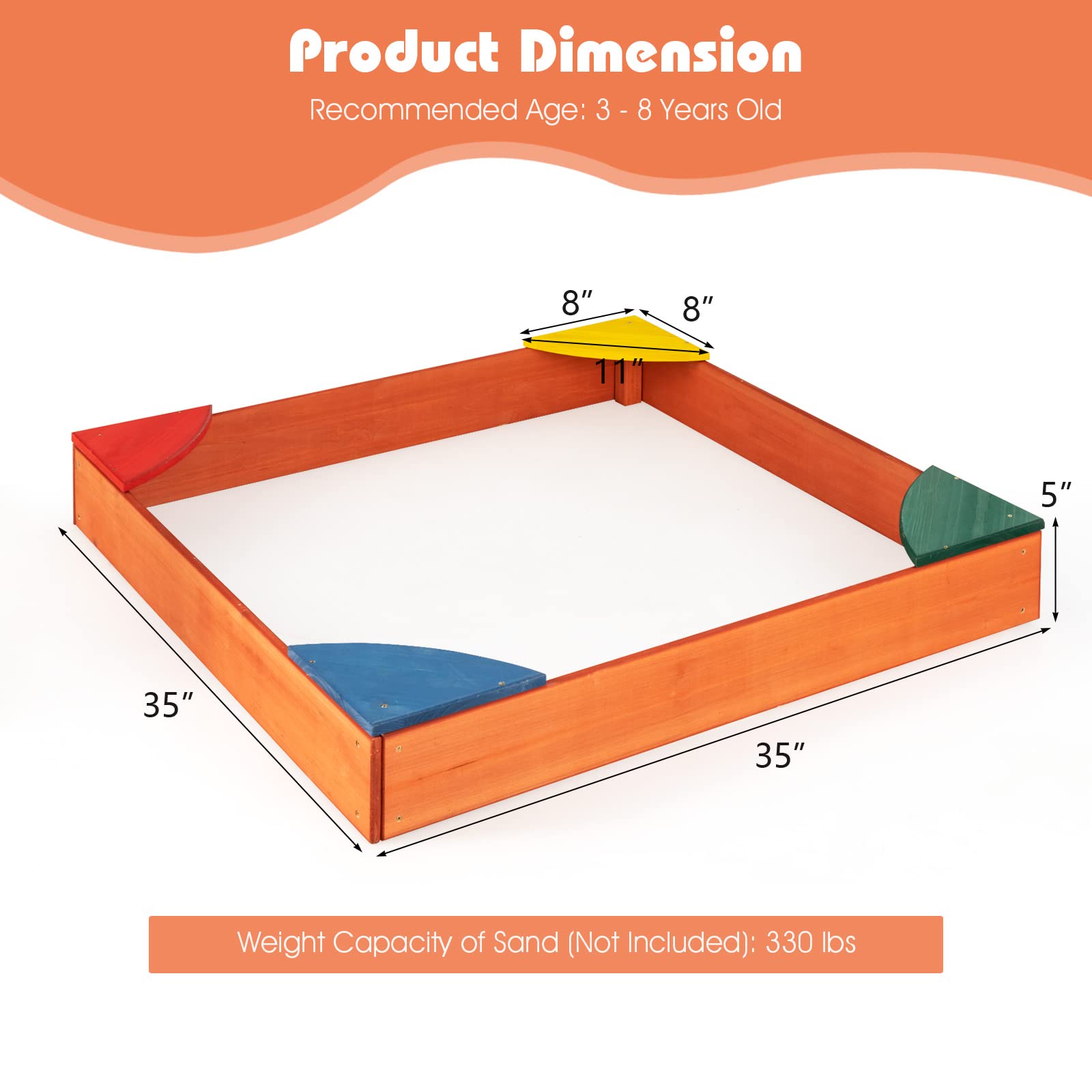 Costzon Kids Wooden Sandbox, Outdoor Sand Pit with Bottomless Structure & 4 Built-in Corner Seats