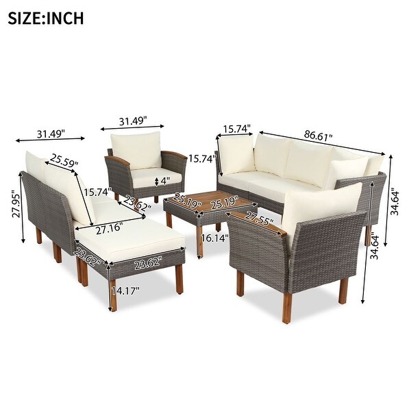 9Piece Patio Rattan Furniture Set，Outdoor Conversation Set With Acacia Wood Legs and Tabletop