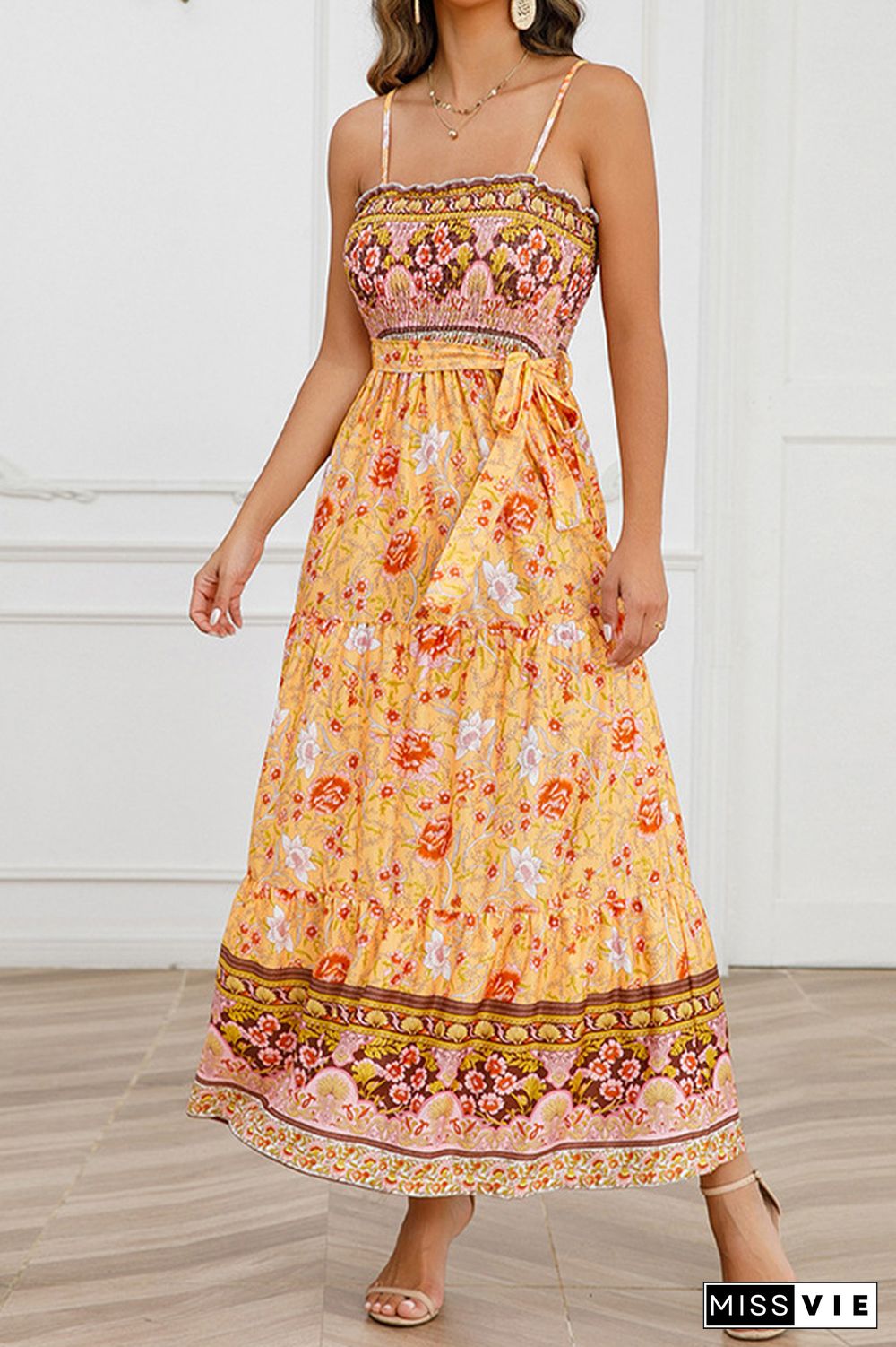 Boho Floral Print Smocked Bandeau Spaghetti Strap Maxi Dress