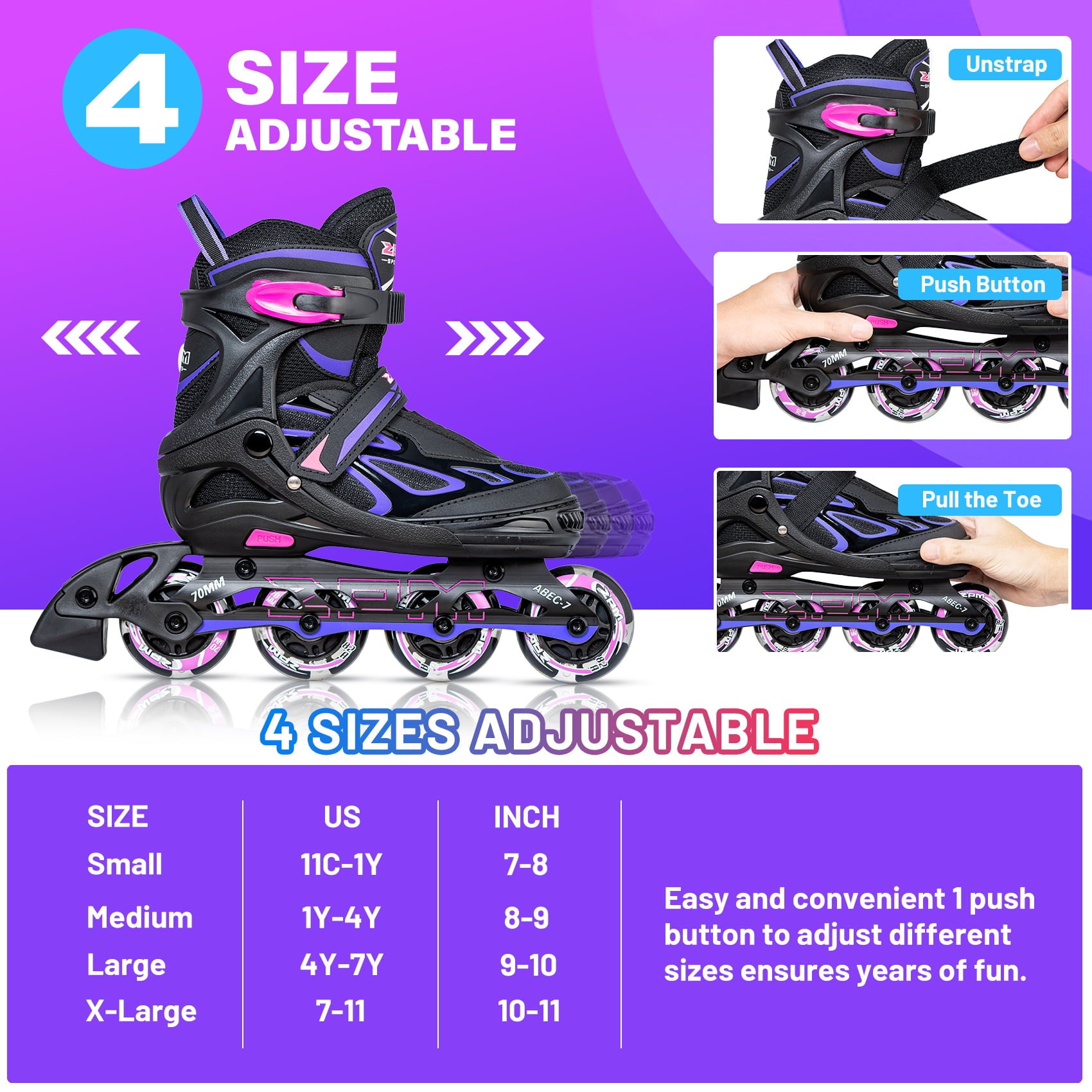 2PM SPORTS Vinal Girls Adjustable Inline Skates with Light up Wheels Beginner Skates Fun Illuminating Roller Skates for Kids Boys and Ladies - Purple Medium(1Y-4Y US)