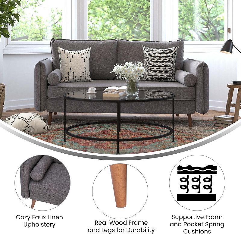 Emma and Oliver Carthage Upholstered Mid-Century Modern Pocket Spring Sofa with Wooden Legs and Removable Back Cushions