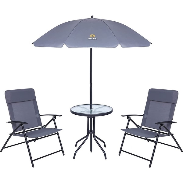 4Piece Bistro Set，Patio Dining Set，Garden Outdoor Table Set with Tilted Removable Umbrella，Glass Table，and 2 Folding Chairs