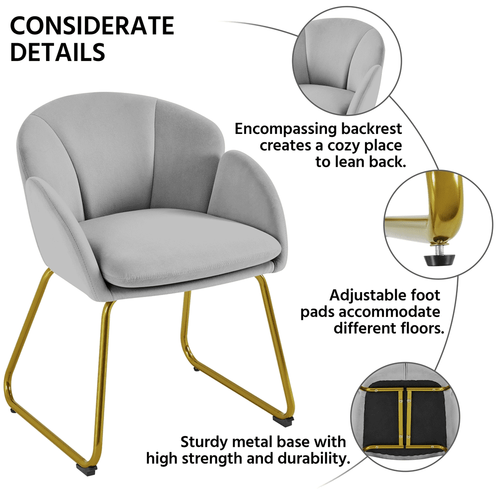 Topeakmart Flower Shape Velvet Armchair Dining Chair Accent Chair with Golden Metal Legs， Gray