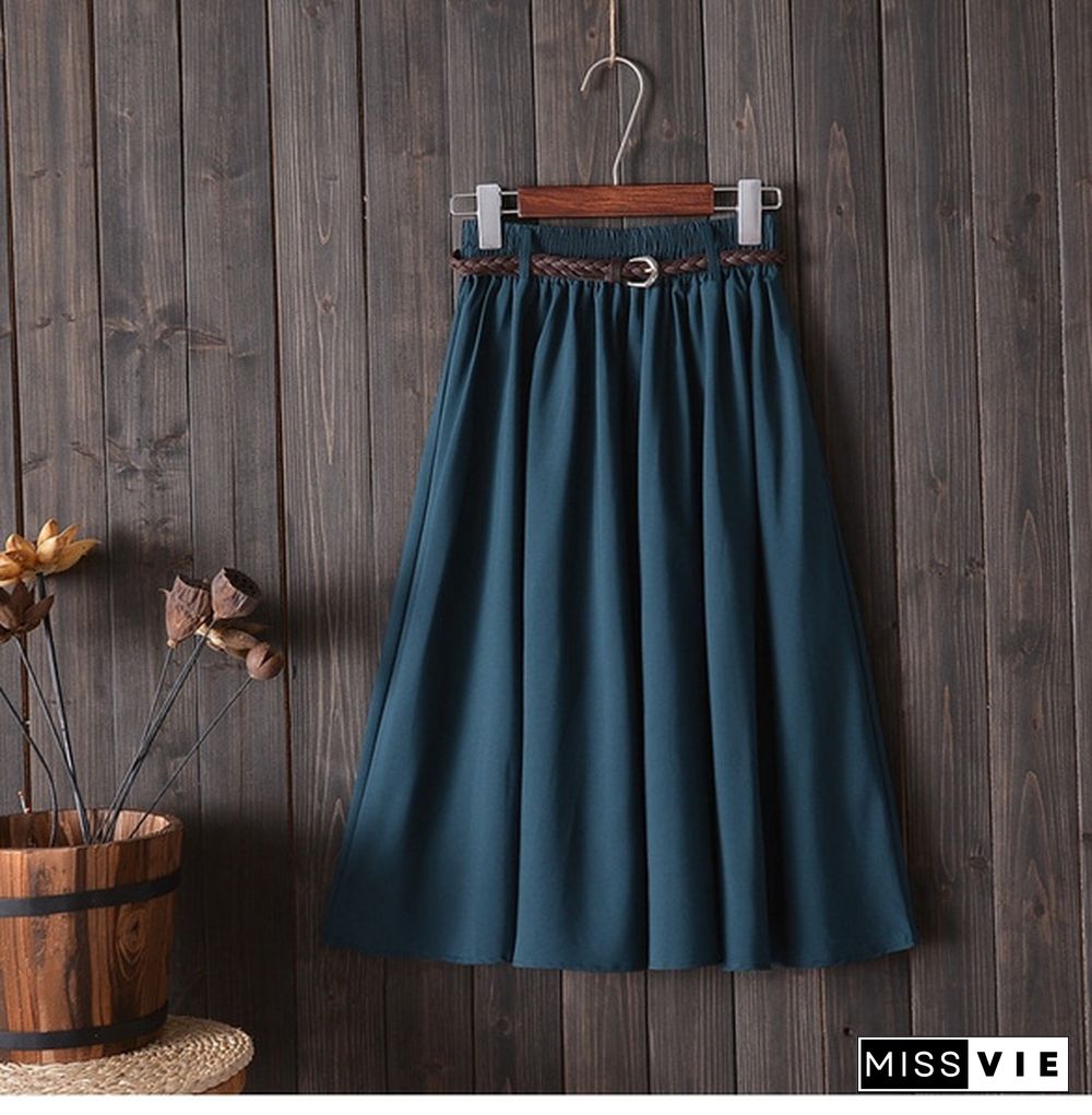 Midi Knee Length Summer Skirt Women With Belt Ladies High Waist Pleated A-Line School Skirt Female