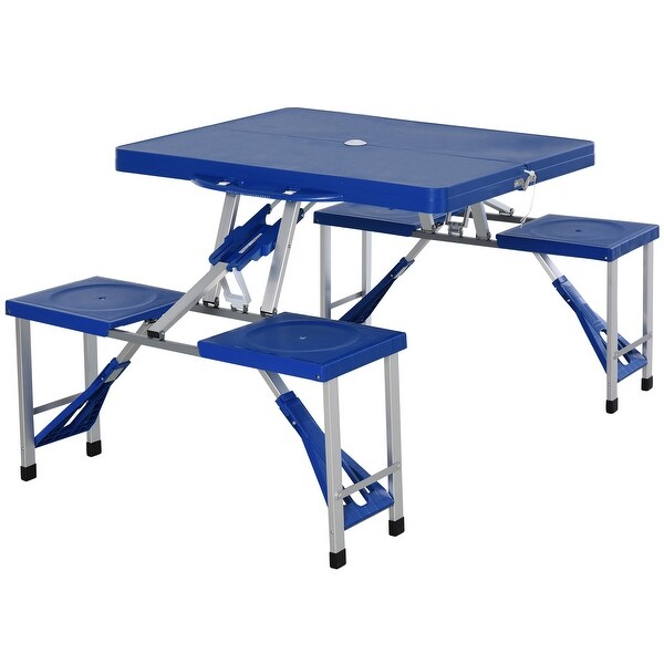 Portable Folding Picnic Table with Seats and Umbrella Hole， Blue